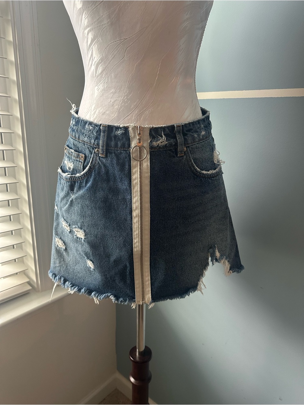 Zara Dark Denim Mini Skirt with Front Silver Zipper